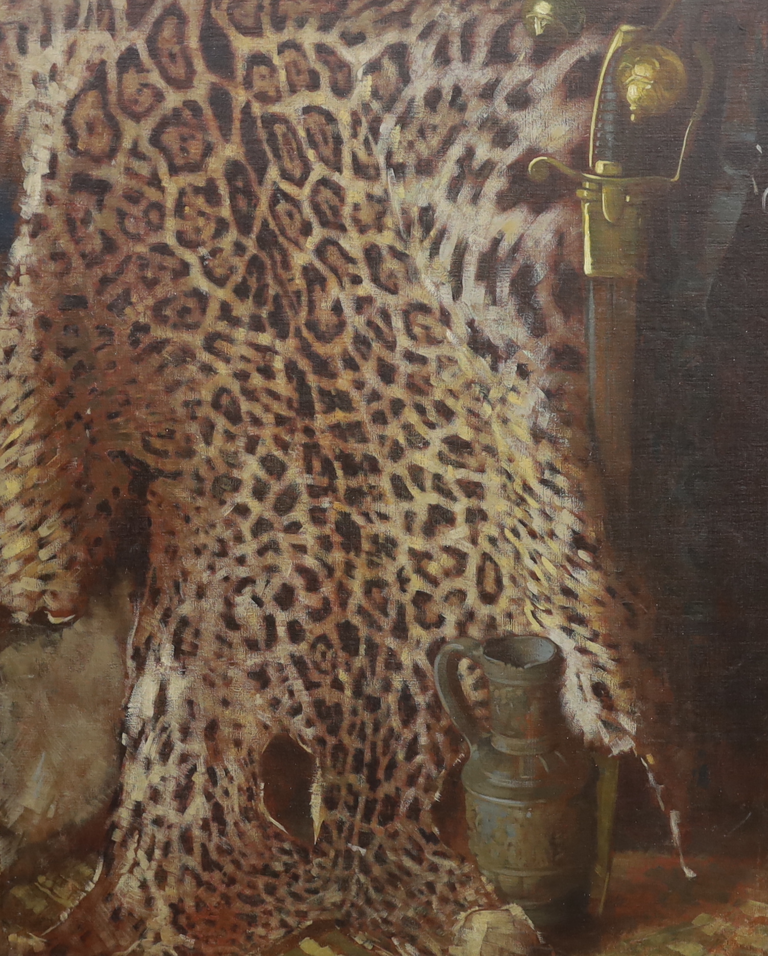 Orlando Greenwood (1892–1989) oil on canvas, still life of a leopard skin, sword and vessel, unsigned, 82 x 65cm